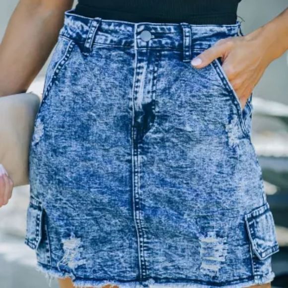 Blue High Waist Distressed Denim Mini Skirt - Picture 4 of 4